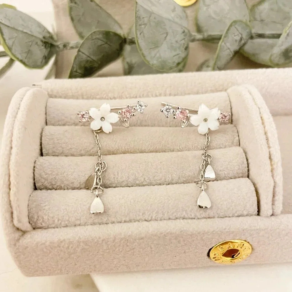 Delicate White Flower Drop Earrings with Pink Crystal Accents